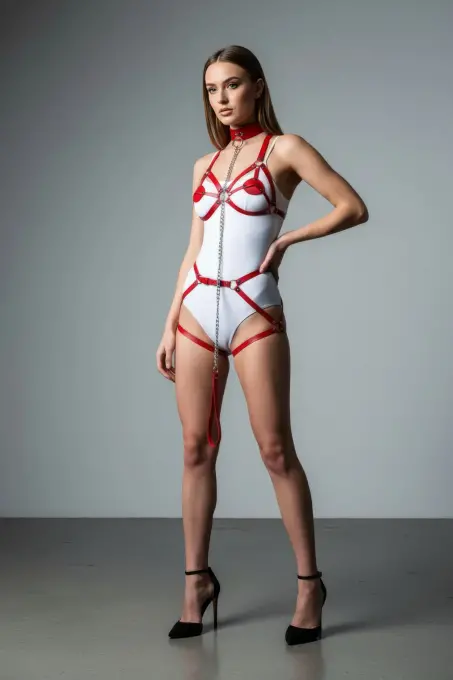 Kırmızı Jartiyer Harness Zincir Detaylı Tam Vücut - APFT311 - 1