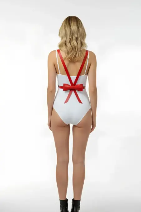 Kırmızı Kadın Kemer Arkası Fiyonklu İnce Deri - APFT177 - 4