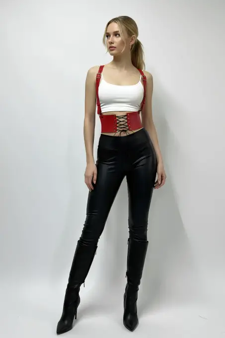 Kırmızı Kadın Kemer Bağcıklı Geniş Korse Bel Aksesuarı - APFT822 - 5