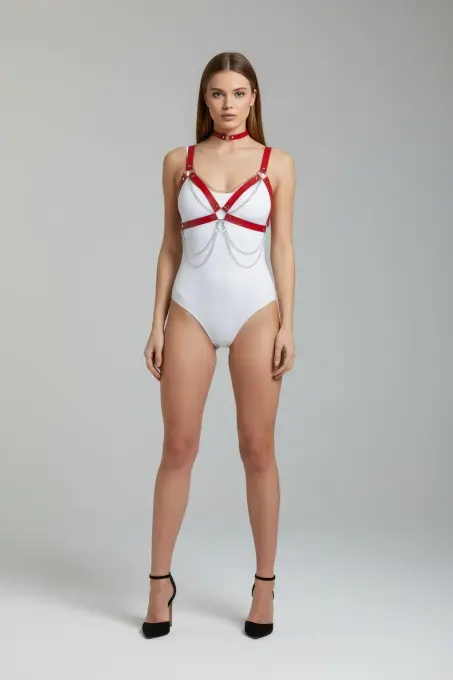 Kırmızı Kadın Kemer Çapraz Bağlamalı Zincirli Vücut Kemeri - APFT952 - 3