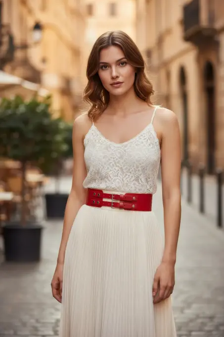 Kırmızı Kadın Kemer Çift Tokalı Geniş Bel Aksesuarı - APFT1203 - 2