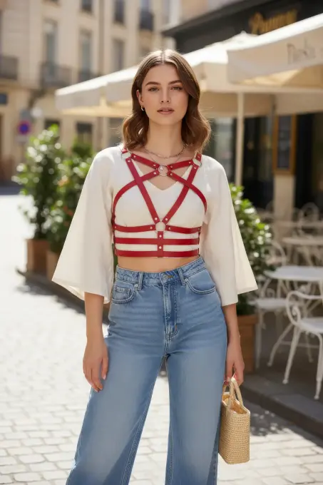 Kırmızı Kadın Kemer Çoklu Şeritli Metal Halka Detaylı Vücut Aksesuarı - APFT955 - 1