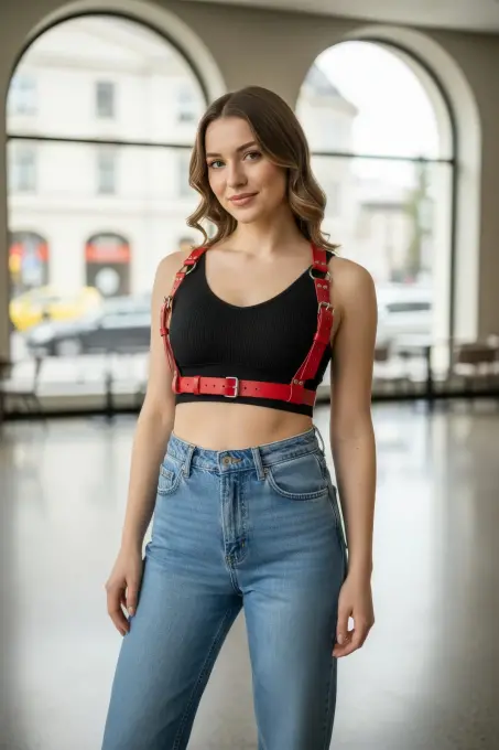 Kırmızı Kadın Kemer Çoklu Tokalı Deri Vücut Aksesuarı - APFT529 - 4