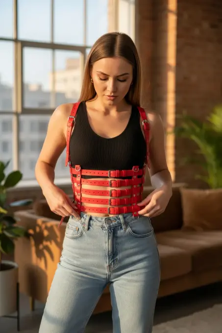 Kırmızı Kadın Kemer Çoklu Tokalı Korse Vücut Kemeri - APFT630 - 2