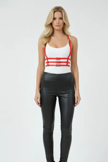 Kırmızı Kadın Kemer Çoklu Tokalı Suni Deri Vücut Kemer - APFT135 - 2