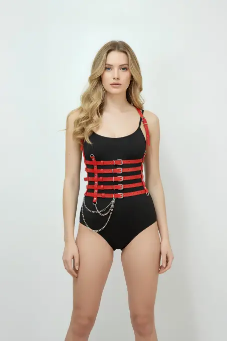 Kırmızı Kadın Kemer Deri Çok Şeritli Vücut Aksesuarı - APFT626 - Angels Passion (1)