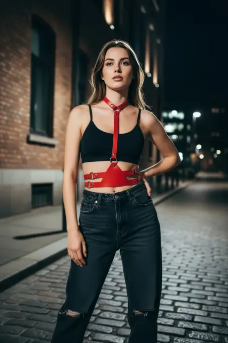 Kırmızı Kadın Kemer Deri Çoklu Tokalı Gövde Aksesuarı - APFT17 - Angels Passion (1)