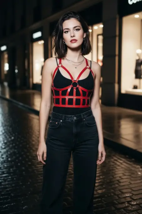 Kırmızı Kadın Kemer Deri Kafes Detaylı Vücut Aksesuarı - APFT819 - 3