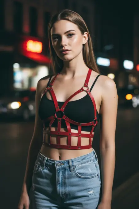 Kırmızı Kadın Kemer Deri Kafes Detaylı Vücut Aksesuarı - APFT819 - 4