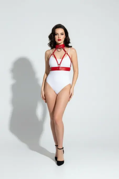 Kırmızı Kadın Kemer Deri Malzemeli Göğüs Ve Yaka Detaylı - APFT841 - 4