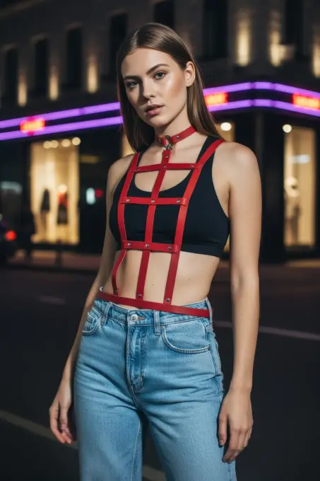 Kırmızı Kadın Kemer Deri Vücut Aksesuarı Kafes Detaylı - APFT4 - 2