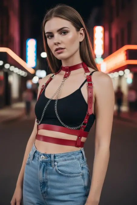 Kırmızı Kadın Kemer Deri Vücut Koşumlu Zincir Detaylı - APFT824 - 4