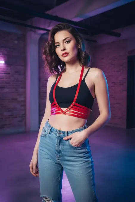 Kırmızı Kadın Kemer Deri Zımbalı Vücut Bağlama - APFT199 - 2