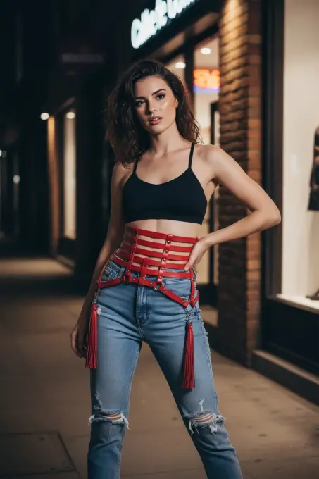 Kırmızı Kadın Kemer Geniş Korse Detaylı Deri Kemer - APFT408 - 1