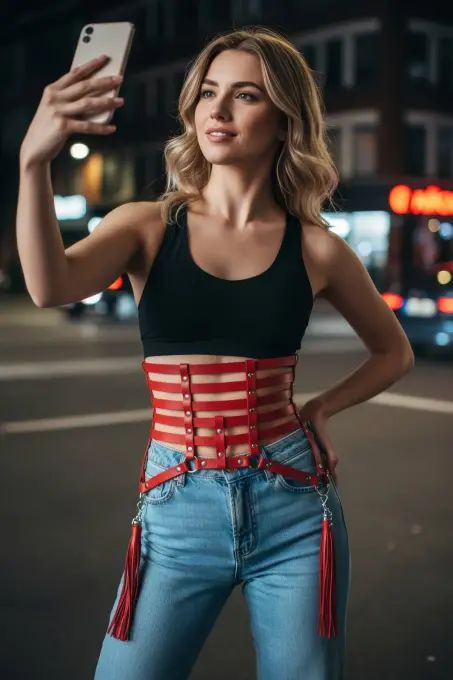 Kırmızı Kadın Kemer Geniş Korse Detaylı Deri Kemer - APFT408 - 2