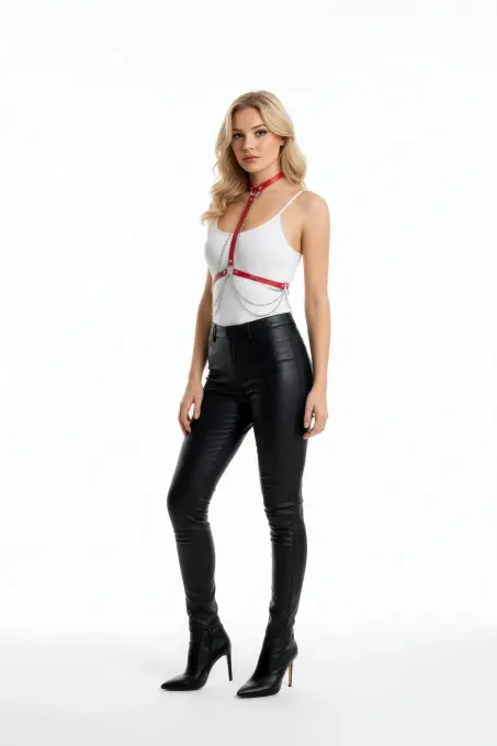 Kırmızı Kadın Kemer Gerdanlık Detaylı Metal Halka Zincirli - APFT5 - 3