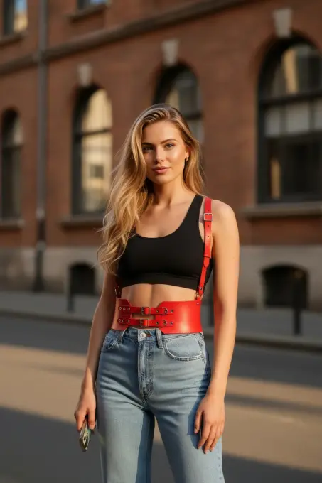 Kırmızı Kadın Kemer Kalın Deri Korse Bel - APFT853 - 1