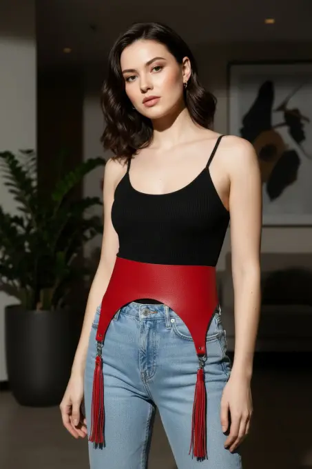 Kırmızı Kadın Kemer Kalın Püskül Detaylı Geniş Bel Aksesuarı - APFT788 - 4