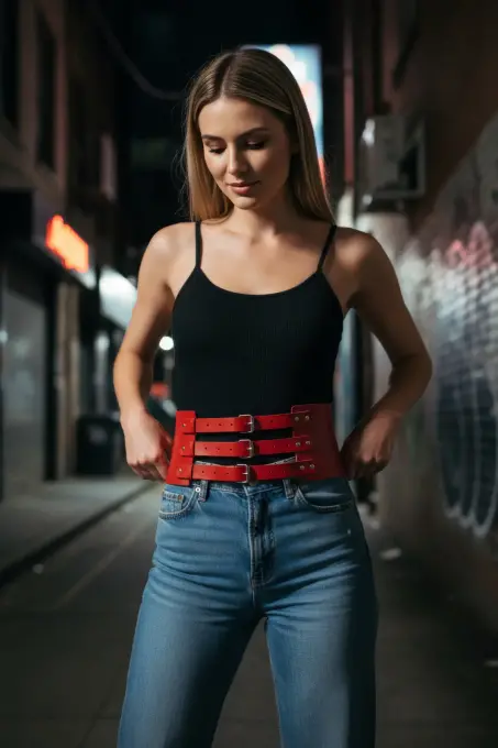 Kırmızı Kadın Kemer Kalın Üç Tokalı Bel Aksesuarı - APFT624 - 4