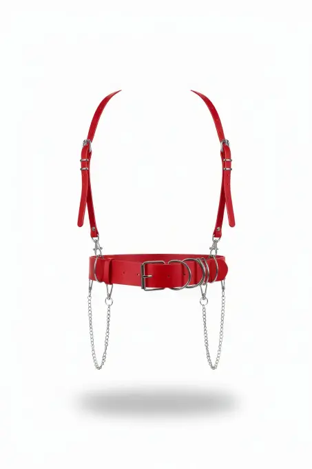 Kırmızı Kadın Kemer Kalın Zincir Detaylı Halka Tokalı Bel Aksesuarı - APFT939 - 1