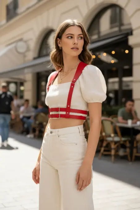 Kırmızı Kadın Kemer Omuz Detaylı Çift Tokalı Deri - APFT966 - 5