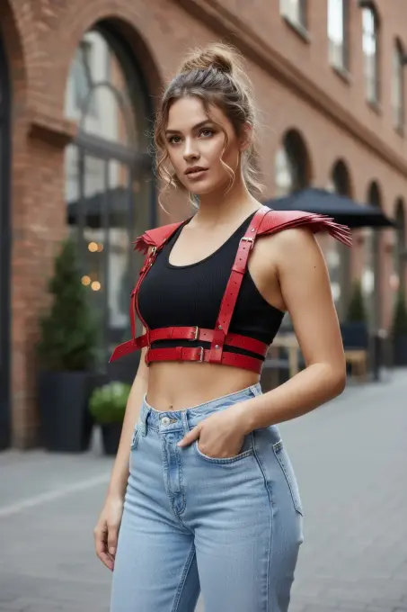 Kırmızı Kadın Kemer Omuz Zırh Detaylı Parlak Deri Aksesuar - APFT717 - 5