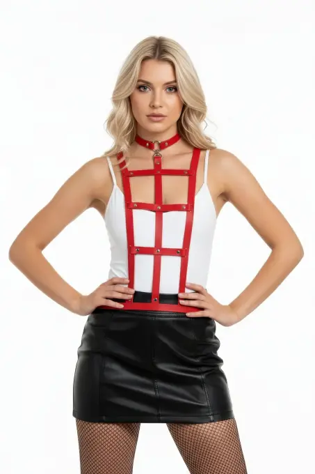 Kırmızı Kadın Kemer Suni Deri Çoklu Şeritli Vücut Aksesuarı - APFT4 - 3