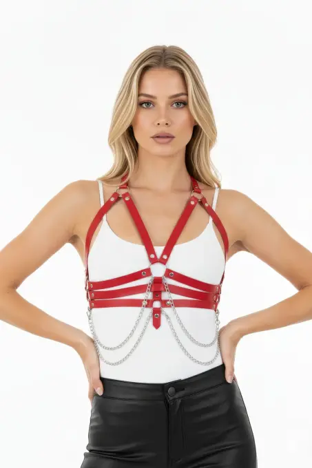 Kırmızı Kadın Kemer Suni Deri Çoklu Şeritli Vücut Aksesuarı - APFT9 - 3