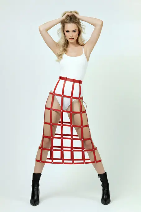 Kırmızı Kadın Kemer Uzun Kafes Detaylı Yüksek Bel - APFT1396 - 1