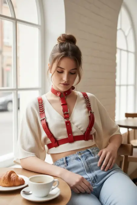 Kırmızı Kadın Kemer Yaka Detaylı Çoklu Bantlı Aksesuar - APFT969 - Angels Passion (1)