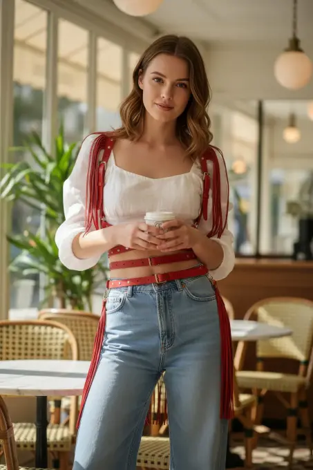 Kırmızı Kadın Kemer Zımbalı Omuz Detaylı Vücut Aksesuarı - APFT1005 - 2