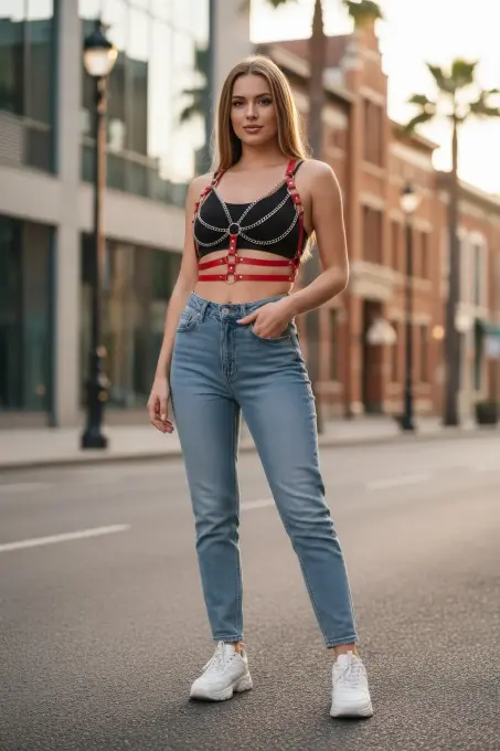 Kırmızı Kadın Kemer Zincir Detaylı Çoklu Bant Vücut Aksesuarı - APFT808 - 1