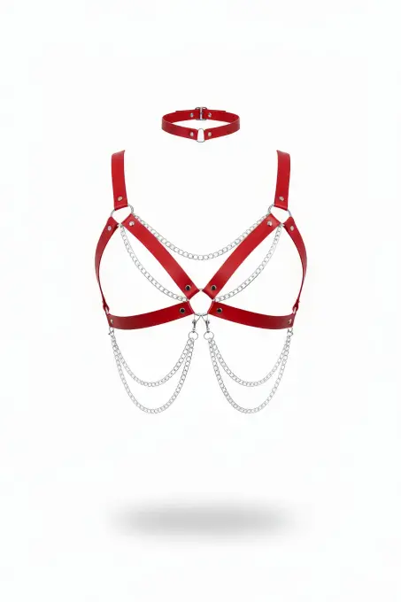 Kırmızı Kadın Kemer Zincir Detaylı Deri Vücut Aksesuarı - APFT952 - 1