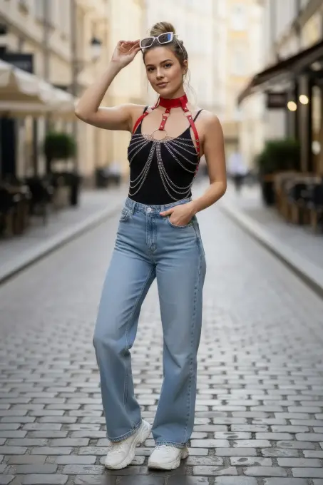 Kırmızı Kadın Kemer Zincir Detaylı Metal Halkalı Vücut Aksesuarı - APFT463 - 5