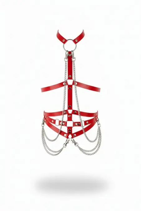 Kırmızı Kadın Kemer Zincir Detaylı Parlak Deri Vücut Kemer - APFT10 - 1