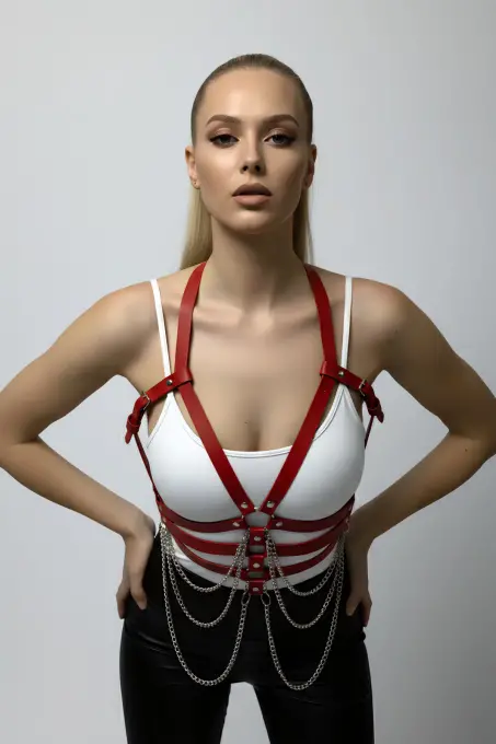 Kırmızı Kadın Kemer Zincir Detaylı Suni Deri Vücut Kemeri - APFT9 - 3