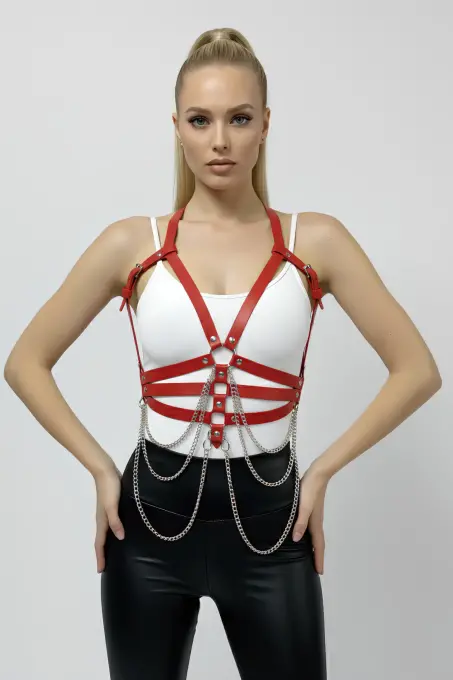 Kırmızı Kadın Kemer Zincir Detaylı Suni Deri Vücut Kemeri - APFT9 - 5