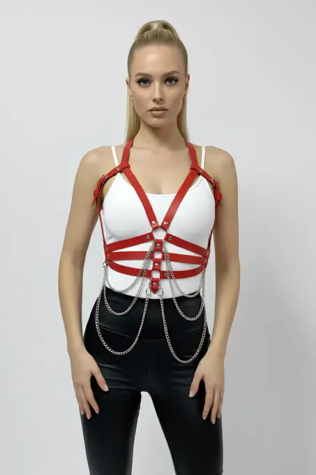 Kırmızı Kadın Kemer Zincir Detaylı Suni Deri Vücut Kemeri - APFT9 - 6