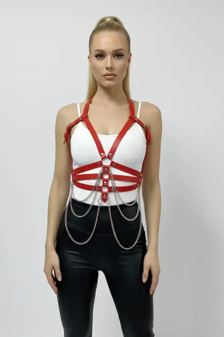 Kırmızı Kadın Kemer Zincir Detaylı Suni Deri Vücut Kemeri - APFT9 - 7