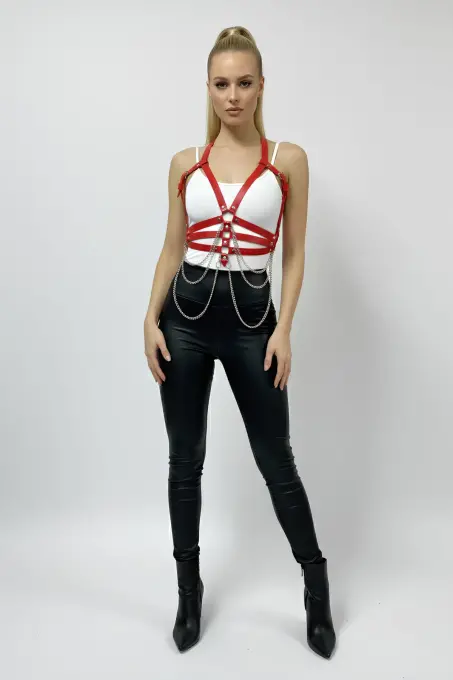 Kırmızı Kadın Kemer Zincir Detaylı Suni Deri Vücut Kemeri - APFT9 - 8