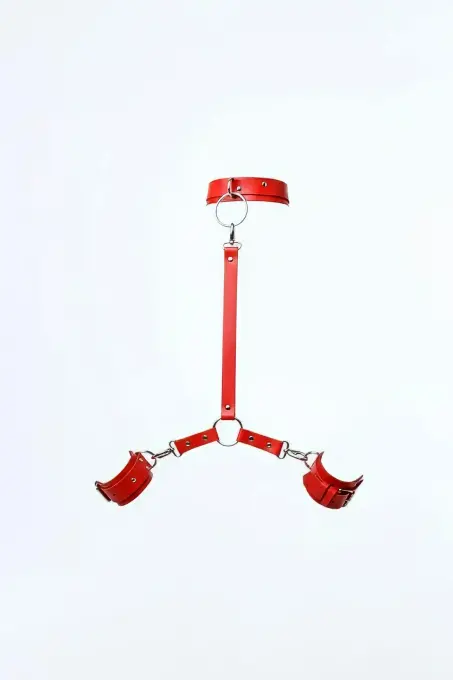 Kırmızı Kırbaç - Kelepçe Deri Boyun Ve Bilek Bağlantılı Set - APFT459 - 1