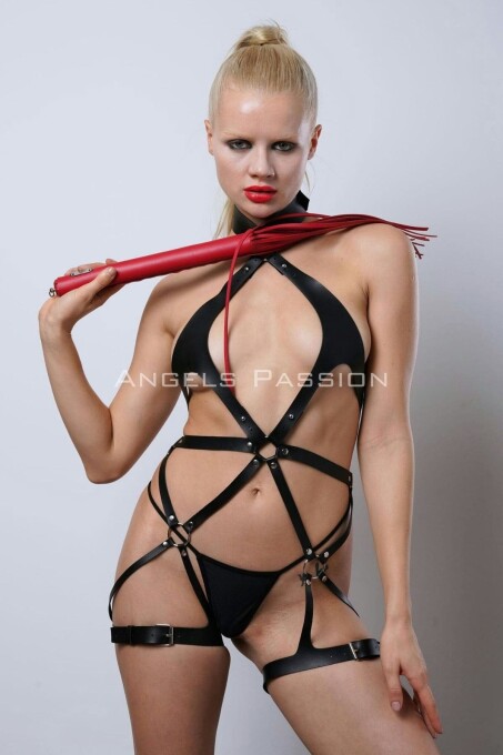 Kırmızı Kırbaçlı Deri Harness, Full Body Deri Harness, Erotik Deri İç Giyim - APFT1348 - 8