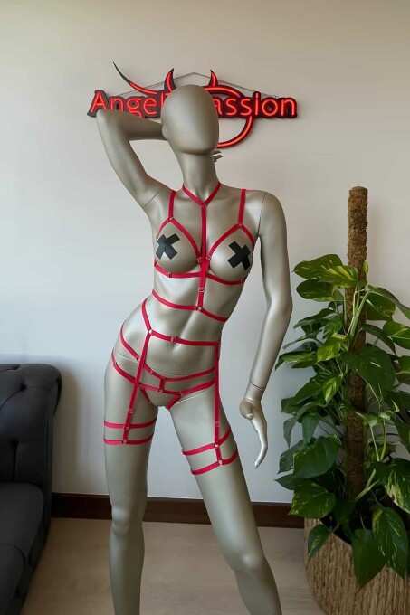 Kırmızı Lastik Seksi Body Harness Takım - 6