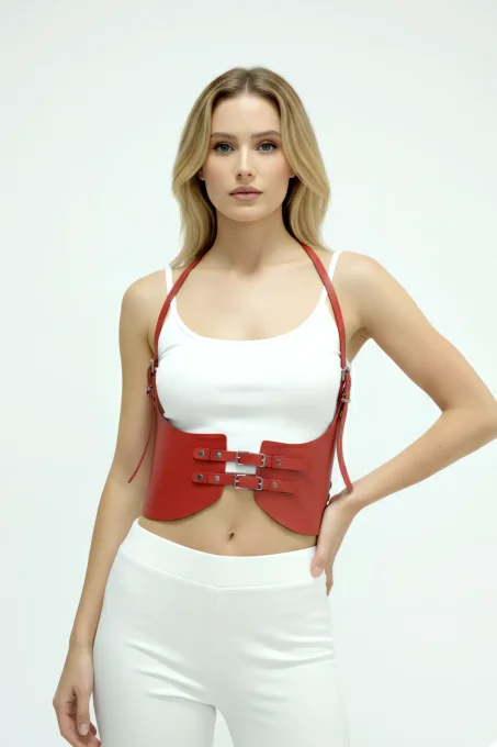 Kırmızı Renk Kalın Kadın Kemeri, Elbise Kemeri, Şık Deri Kemer, Deri Kemer Harness - APFT605 - 4