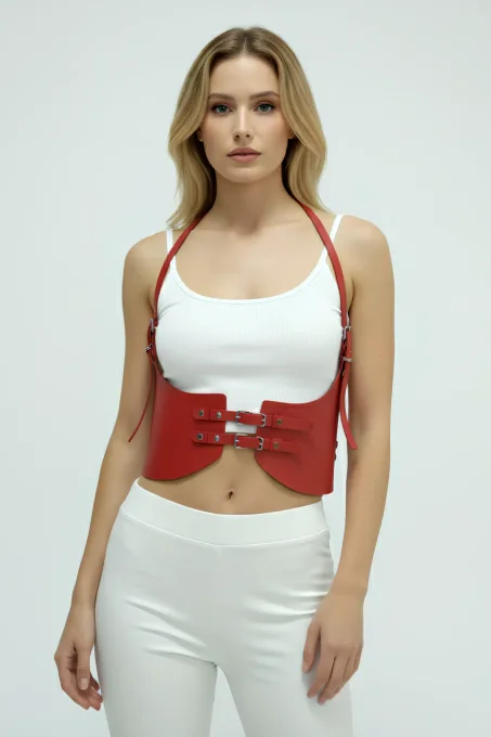 Kırmızı Renk Kalın Kadın Kemeri, Elbise Kemeri, Şık Deri Kemer, Deri Kemer Harness - APFT605 - 2