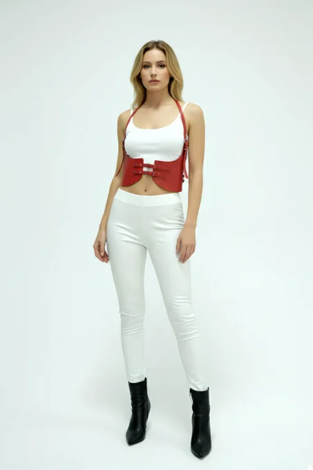 Kırmızı Renk Kalın Kadın Kemeri, Elbise Kemeri, Şık Deri Kemer, Deri Kemer Harness - APFT605 - 5