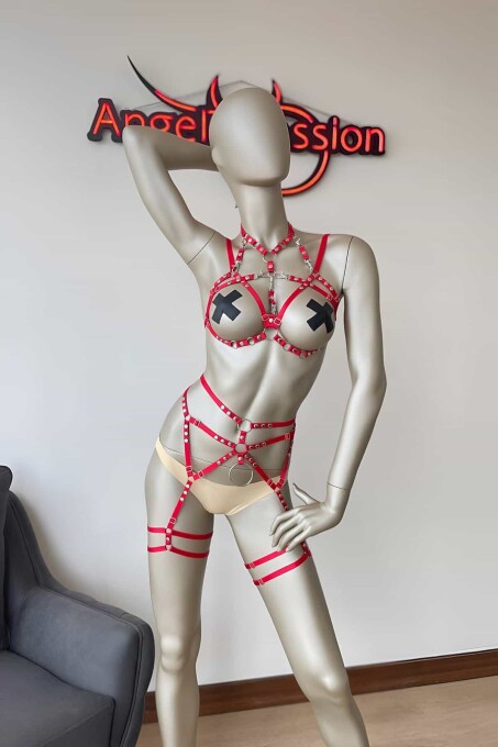 Kırmızı Seksi Elastik Jartiyer Harness Takım - 2