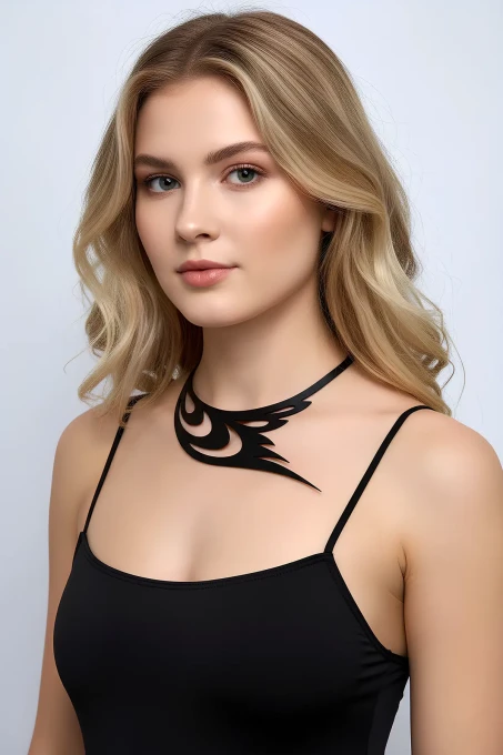 Kuş Kanadı ve Göz Detaylı Şık Deri Choker, Deri Kolye - APFT1414 - 1