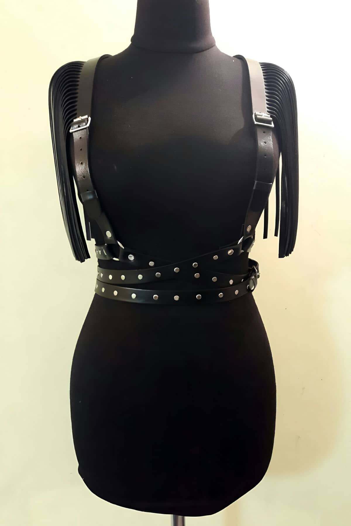 Omuzları Püskül Detaylı Deri Kemer, Askılı Püsküllü Deri Harness - 1004