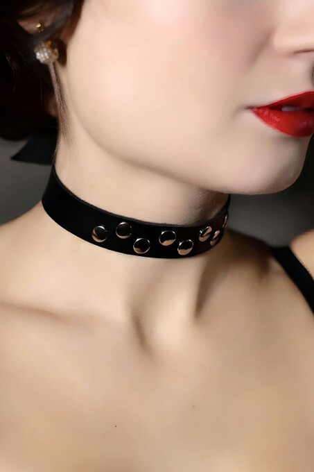 Perçin Detaylı Şık Deri Choker-Tasma - APFT778 - 3